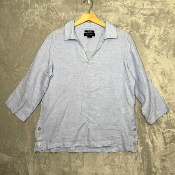 Tahari Top Womens Medium Blue 100% Linen V Neck 3/4 Sleeve Boxy Relaxed Buttons - Picture 1 of 12
